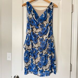 DKNY Blue and Beige Floral Satin-Trim Dress